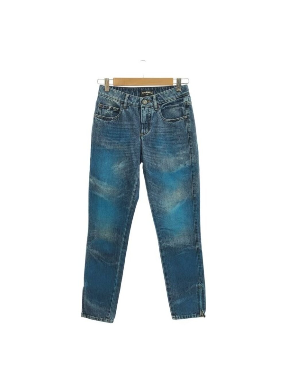 Chanel Paint Finish Coco Mark Hem Zip Denim Pants 34 Indigo